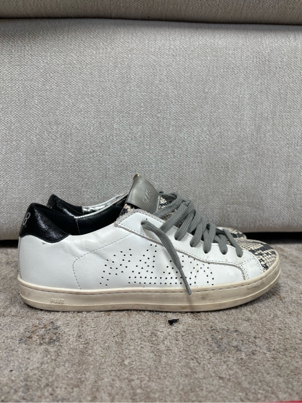 P448 White Leather Low-Top Sneakers with Black Heel and Grey Laces